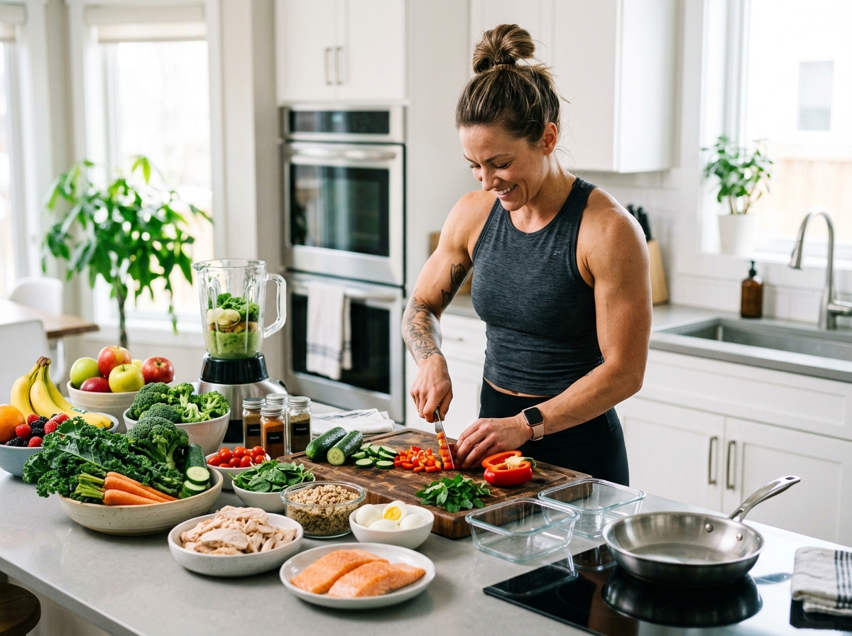 A muscular person engaging in a balanced, healthy meal preparation in a bright kitchen, surrounded b
