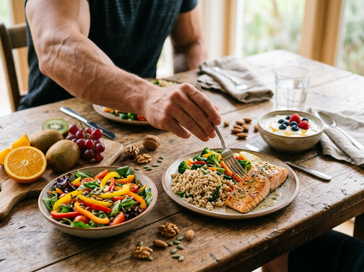 A visually appealing scene featuring a healthy balanced meal spread on a rustic wooden table. The me