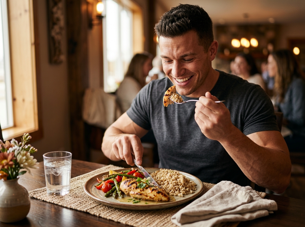 A close-up of a beautifully presented meal featuring grilled chicken breast and brown rice, compleme