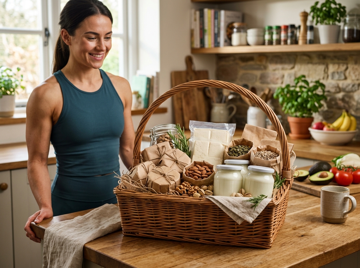 A beautifully arranged gift basket filled with high-protein foods, including individually wrapped pr