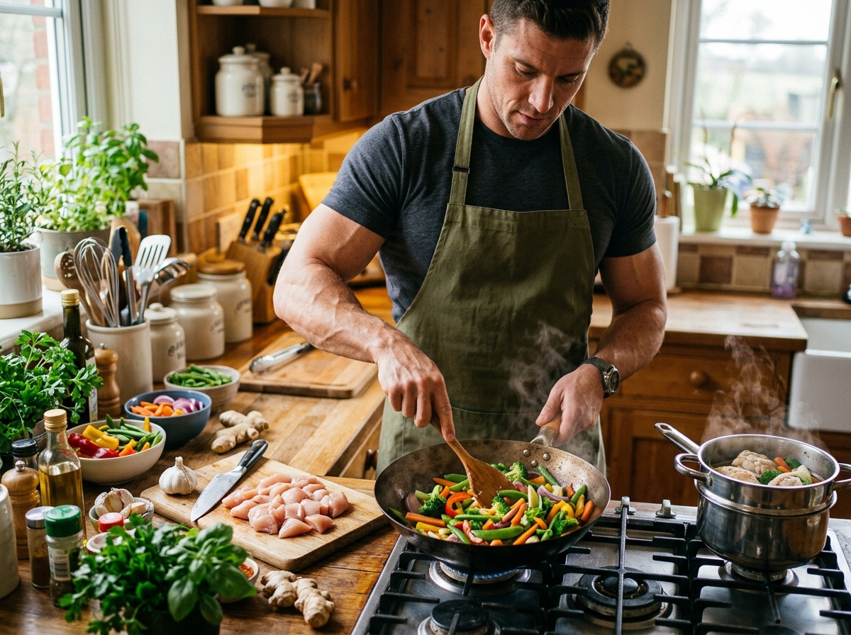 A cozy kitchen scene featuring a muscular individual preparing a simple meal, such as steamed chicke