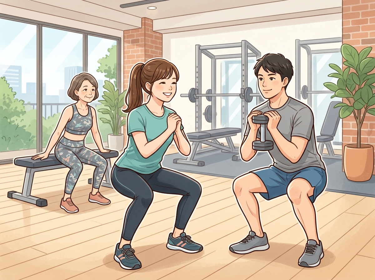 Professional illustration for article section about: スクワットの難易度と強度設定. 日本人が理解しやすい自然で親しみやすい画像。写真のようなリアル