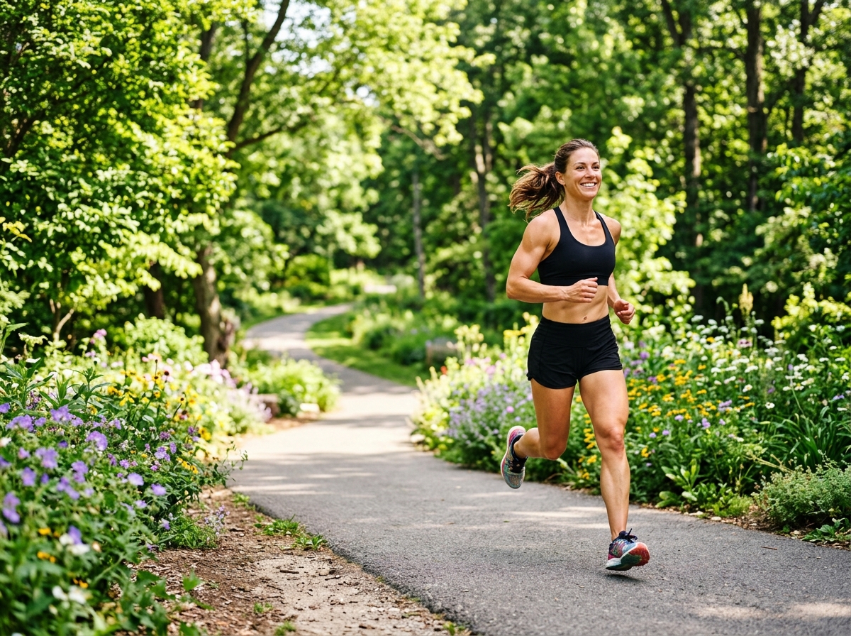 A serene outdoor scene depicting a muscular person engaging in jogging under bright sunlight, surrou