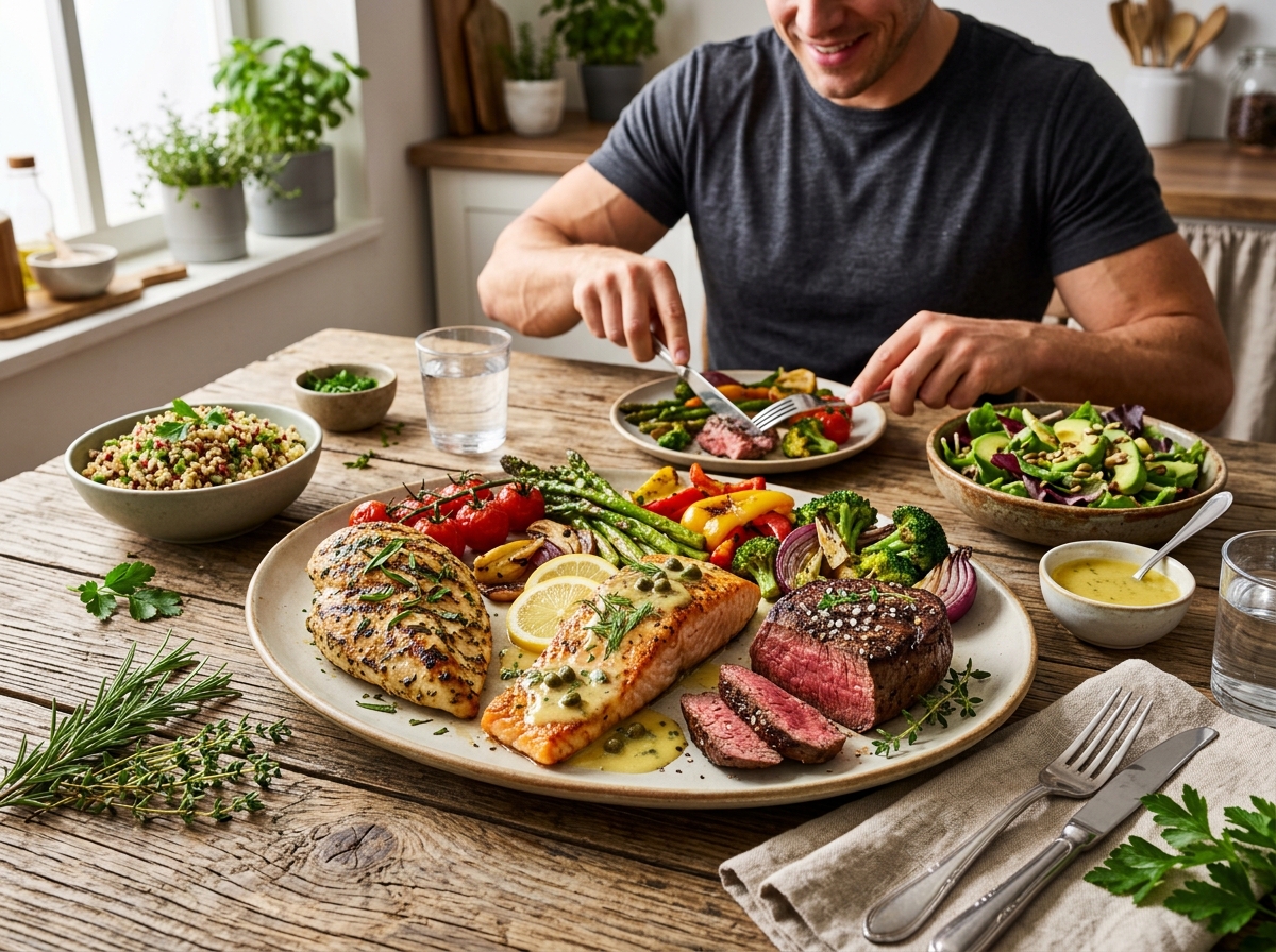 A vibrant and appetizing display of a grilled chicken breast, salmon with lemon butter sauce, and a 