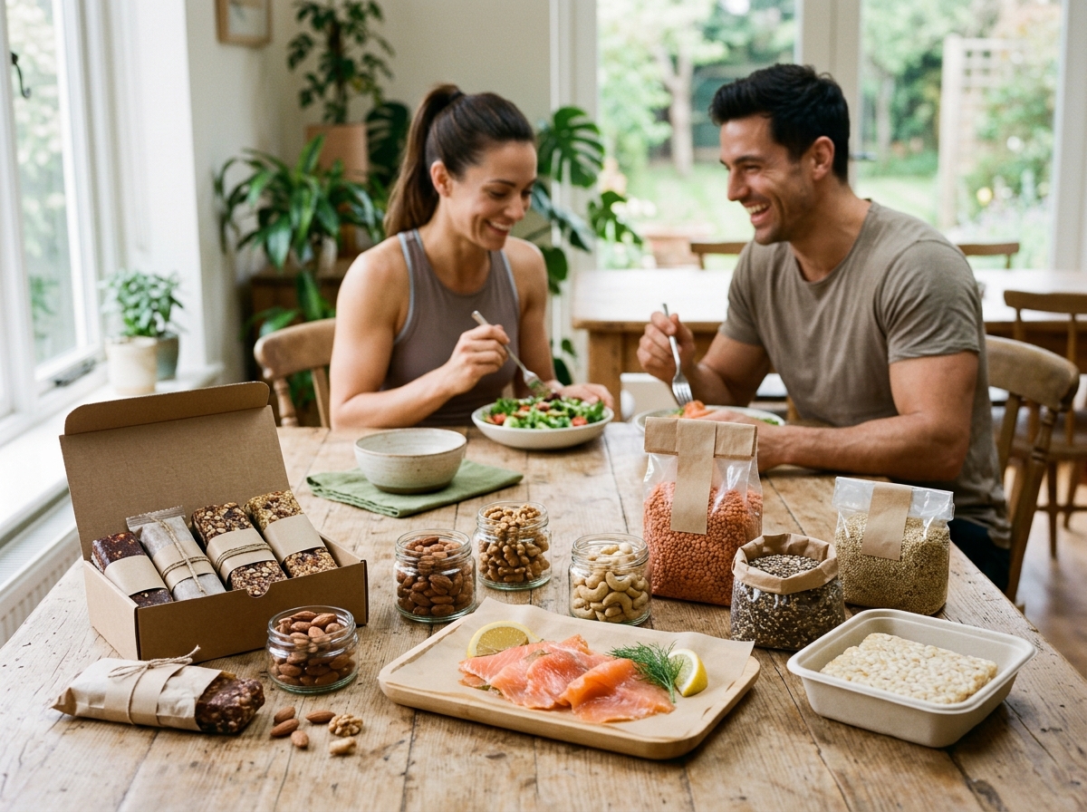 A visually appealing scene featuring a variety of high-protein foods artfully displayed in elegant, 