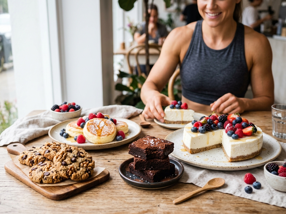 A beautifully arranged display of high-protein desserts, featuring a Greek yogurt cake topped with v