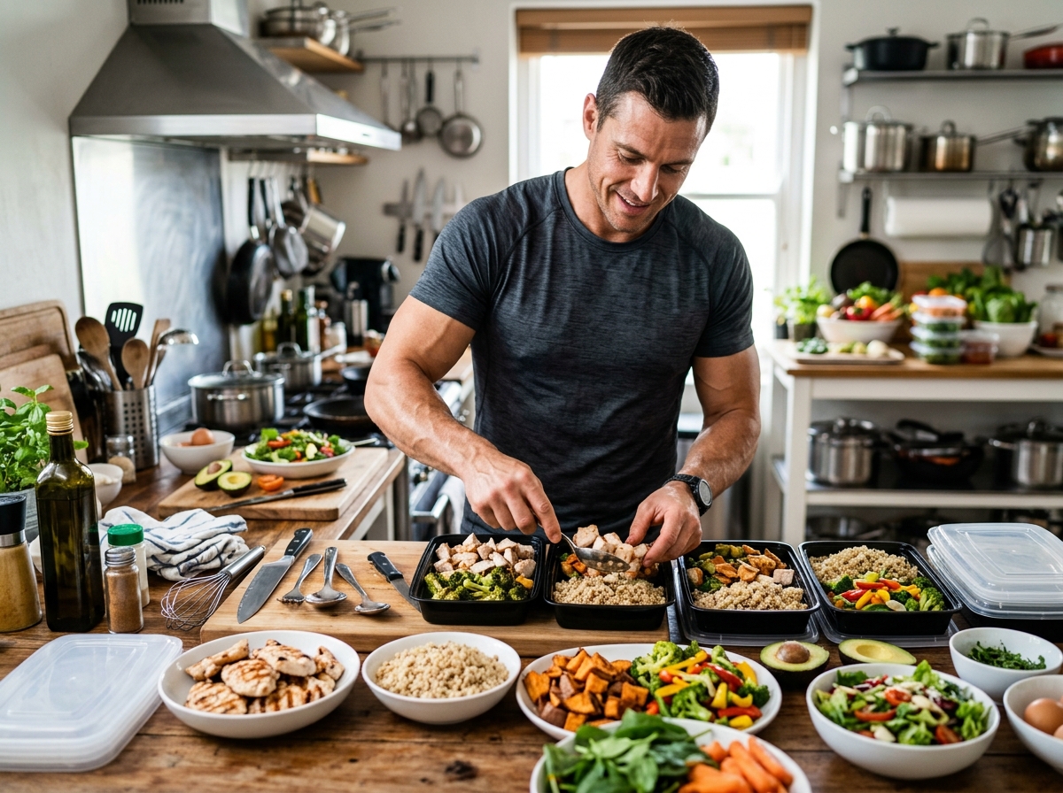 A vibrant kitchen scene featuring a muscular individual preparing high-protein meal delivery boxes, 