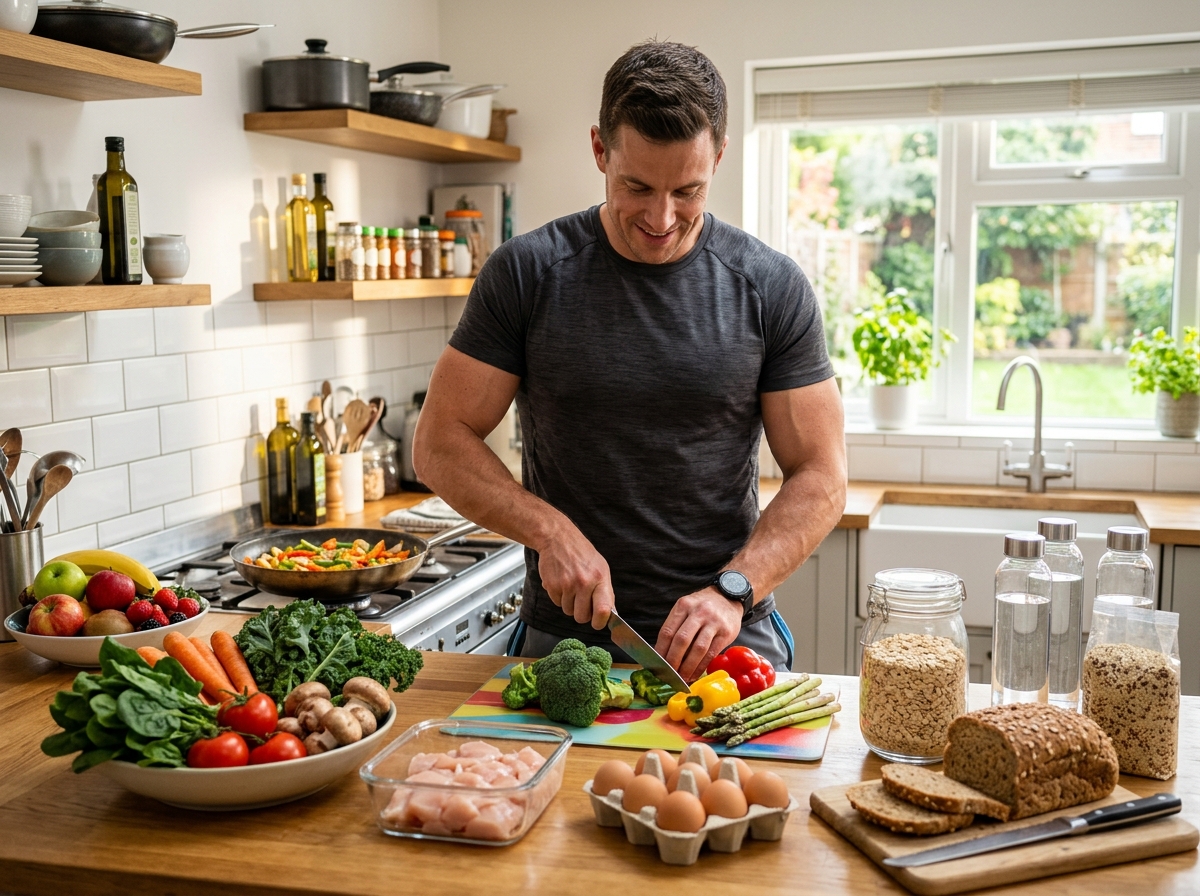 A realistic photo of a muscular person preparing a healthy meal in a bright kitchen, featuring fresh