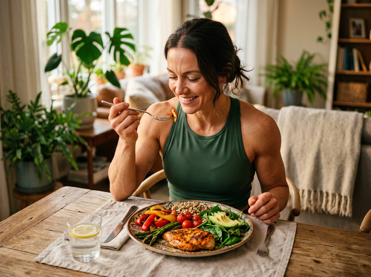 A healthy meal arrangement featuring a colorful plate of nutritious food, including vibrant peppers 
