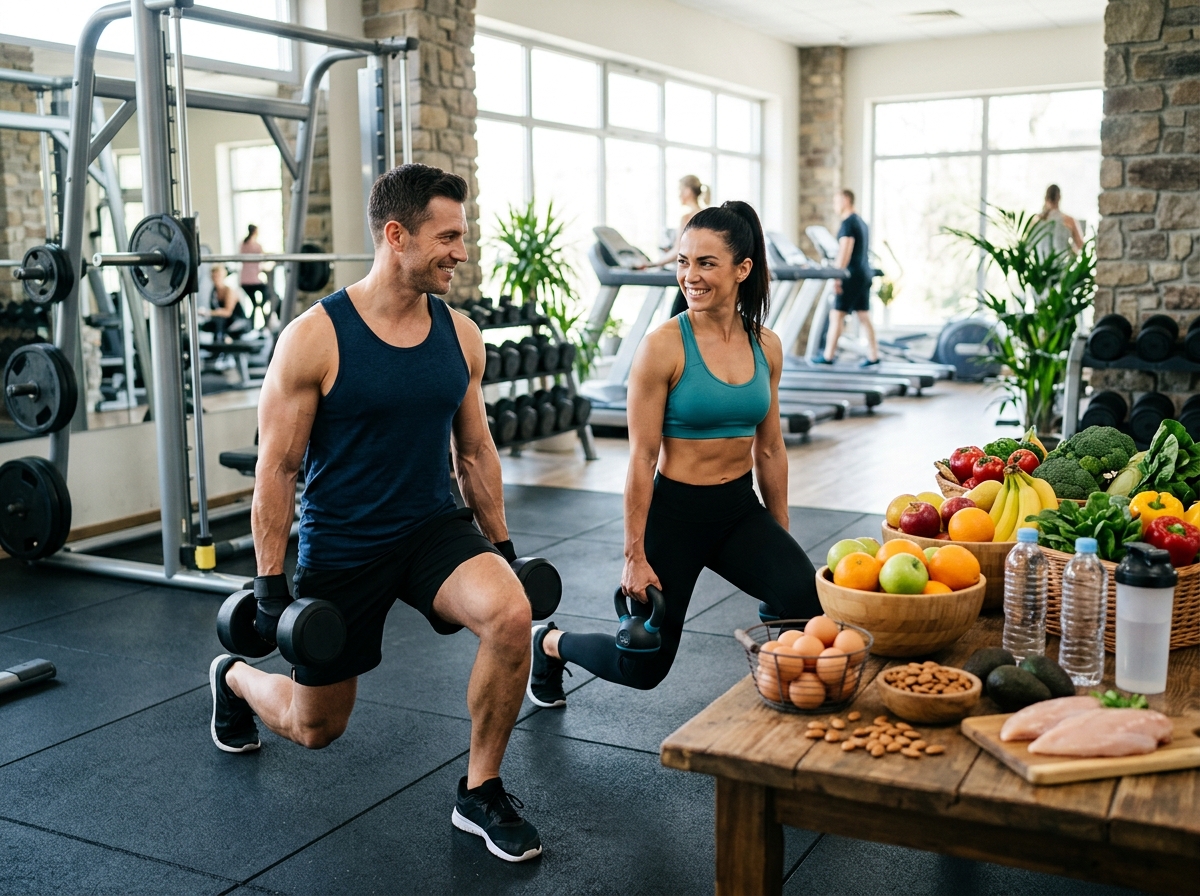 A realistic image of a muscular man and woman working out together, surrounded by healthy foods like