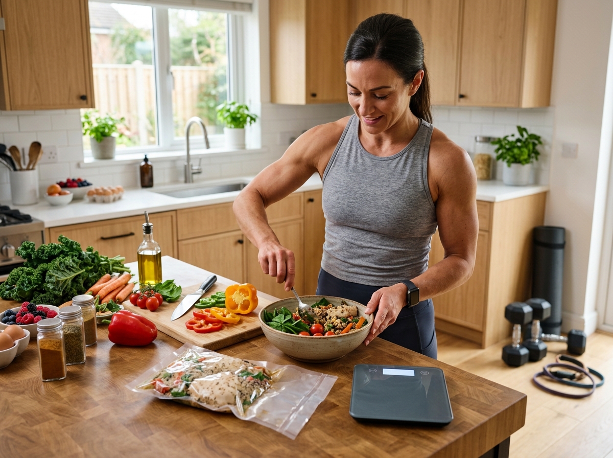 A realistic image of a muscular man or woman in a modern kitchen, preparing and enjoying a nutritiou
