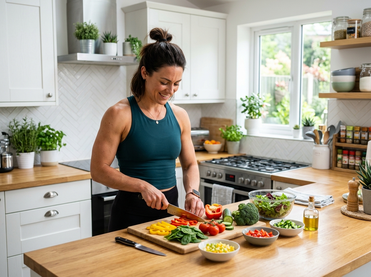 A muscular man or woman standing confidently in a bright, modern kitchen, preparing healthy meal ing