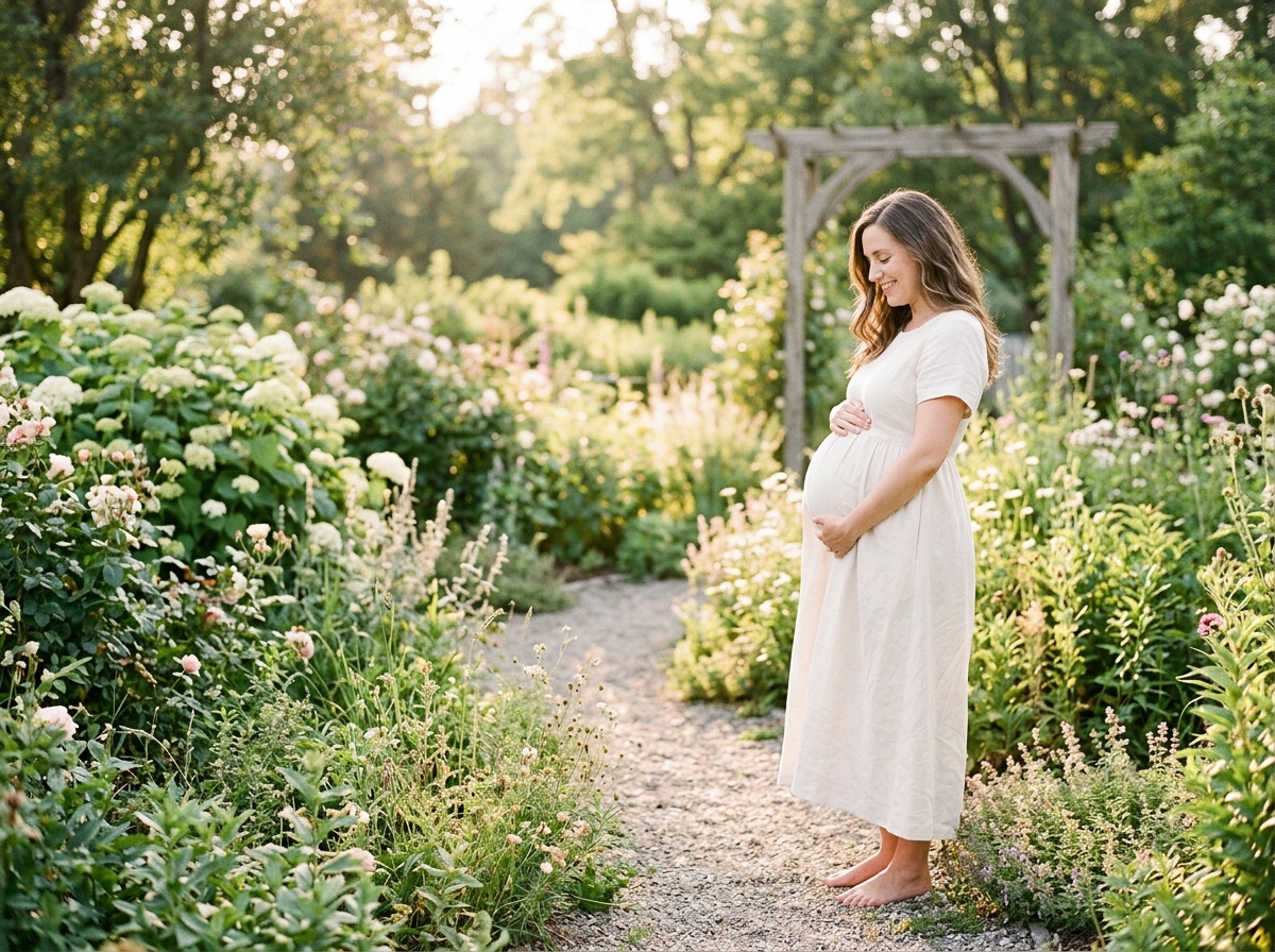 A serene outdoor scene depicting a pregnant woman in a beautifully simple white or pastel dress, hig