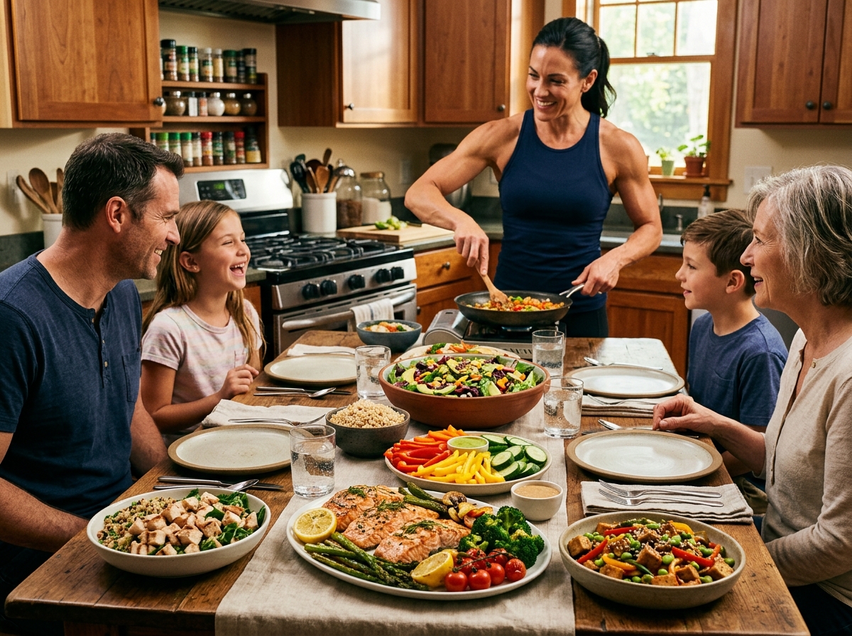A vibrant and inviting kitchen scene featuring a table beautifully set with an array of healthy, col