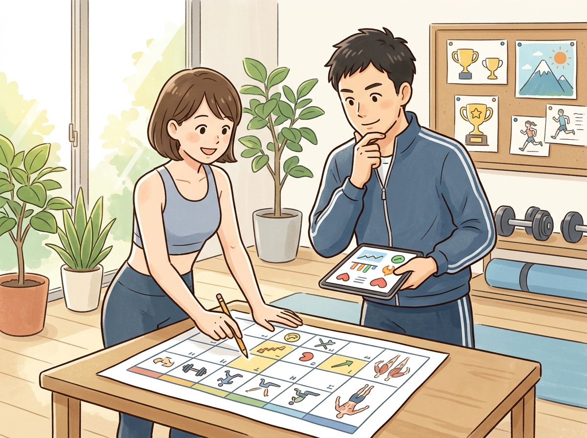 Professional illustration for article section about: トレーニング計画の見直しポイント. 日本人が理解しやすい自然で親しみやすい画像。写真のようなリ
