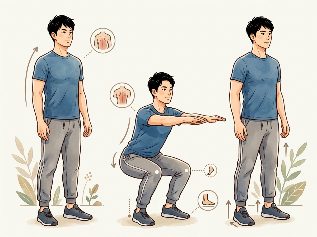 Professional illustration for article section about: 自重スクワットの基本. 日本人が理解しやすい自然で親しみやすい画像。写真のようなリアルさではな