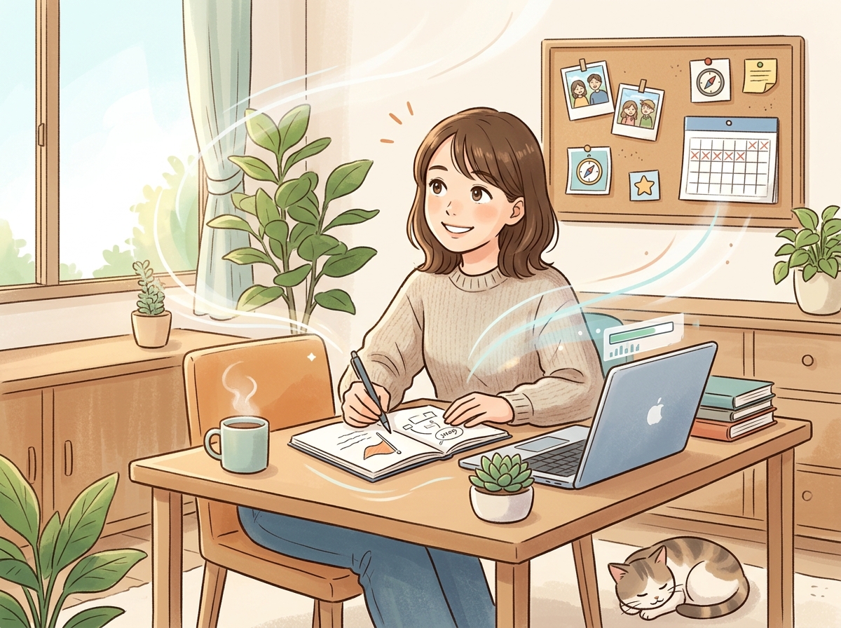 Professional illustration for article section about: モチベーションを維持する方法. 日本人が理解しやすい自然で親しみやすい画像。写真のようなリアル