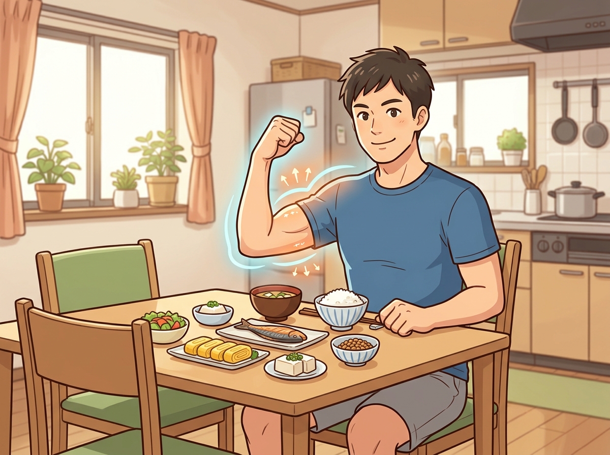 Professional illustration for article section about: 朝食でのタンパク質摂取がもたらす筋トレ効果. 日本人が理解しやすい自然で親しみやすい画像。写真