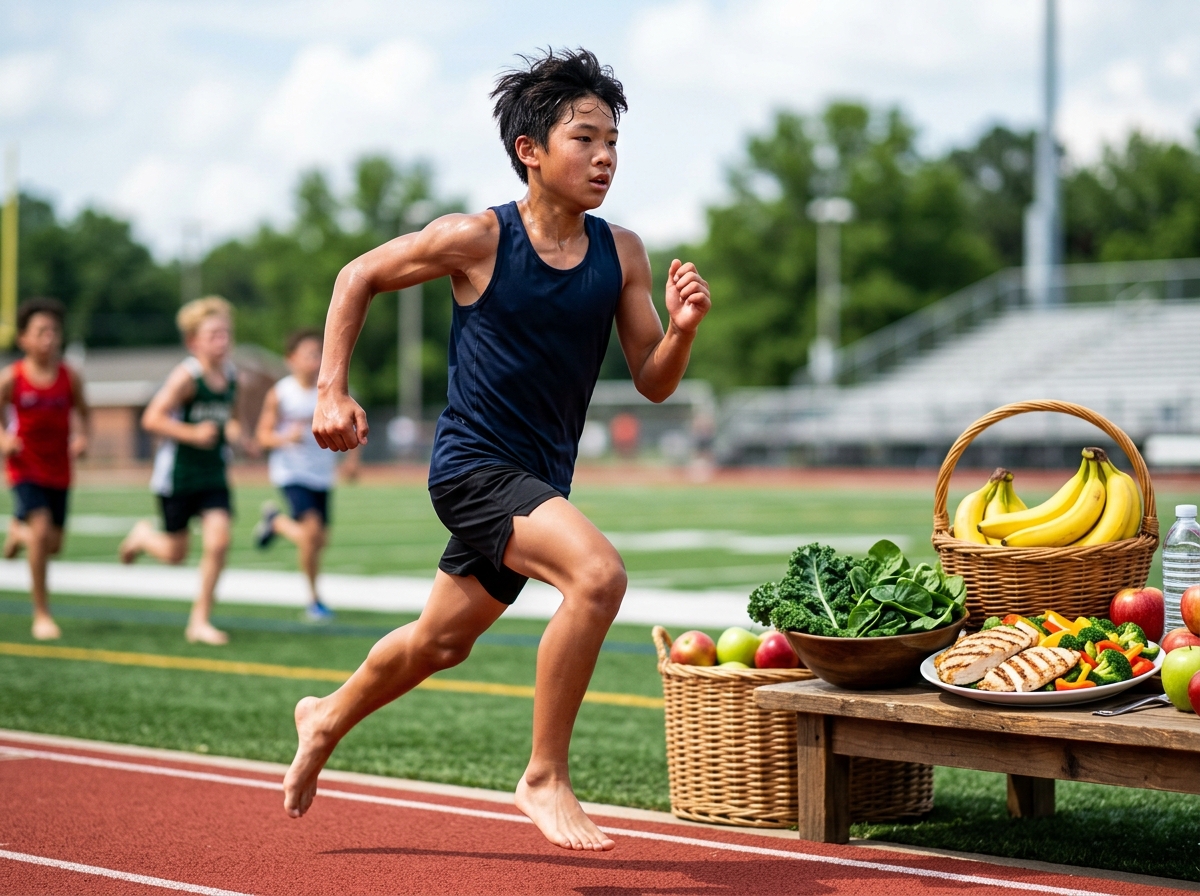 A focused scene of a middle school athlete in an active pose, showcasing muscular expression, surrou