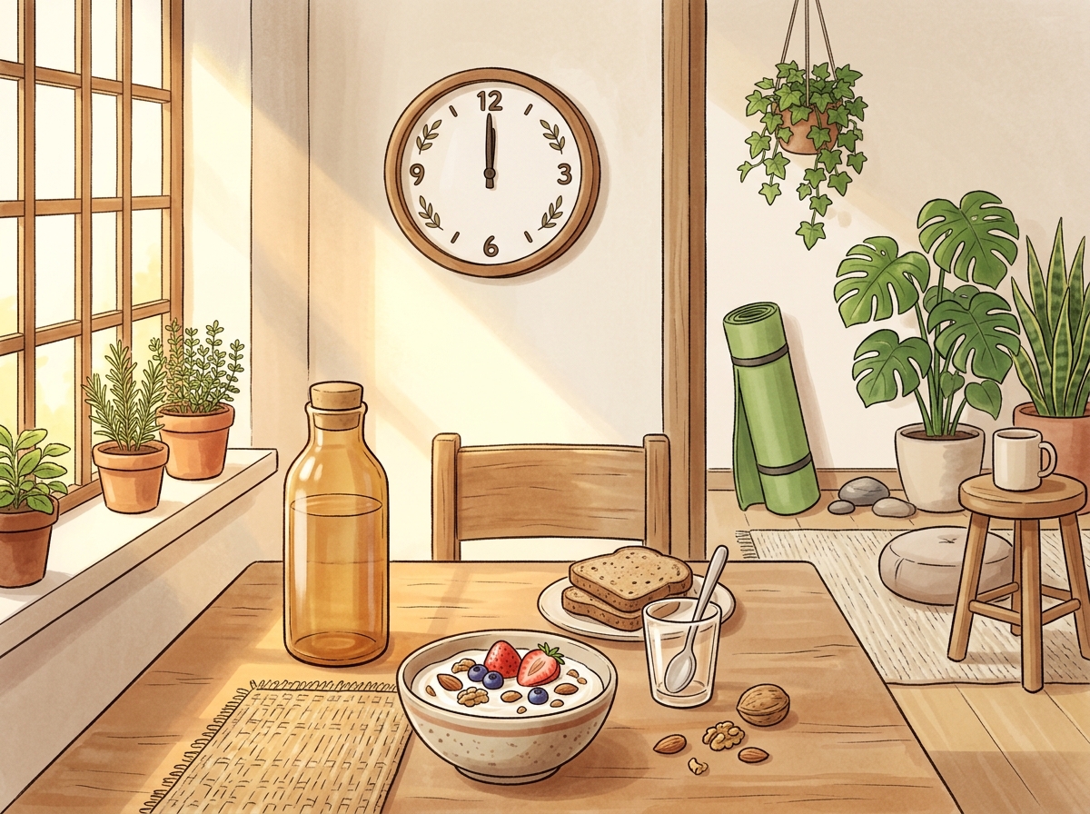 A cozy kitchen scene featuring a well-organized dining table set with healthy foods like nuts and yo