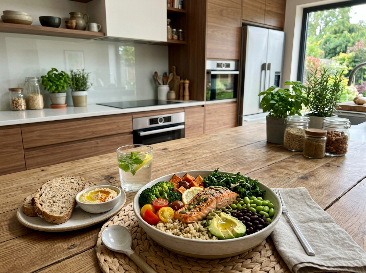 A beautifully arranged healthy meal on a table, featuring a colorful variety of fresh vegetables, le