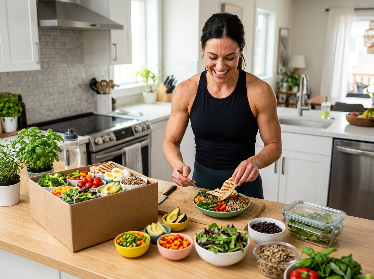 A vibrant kitchen scene featuring a muscular woman preparing a high-protein meal from a delivery box