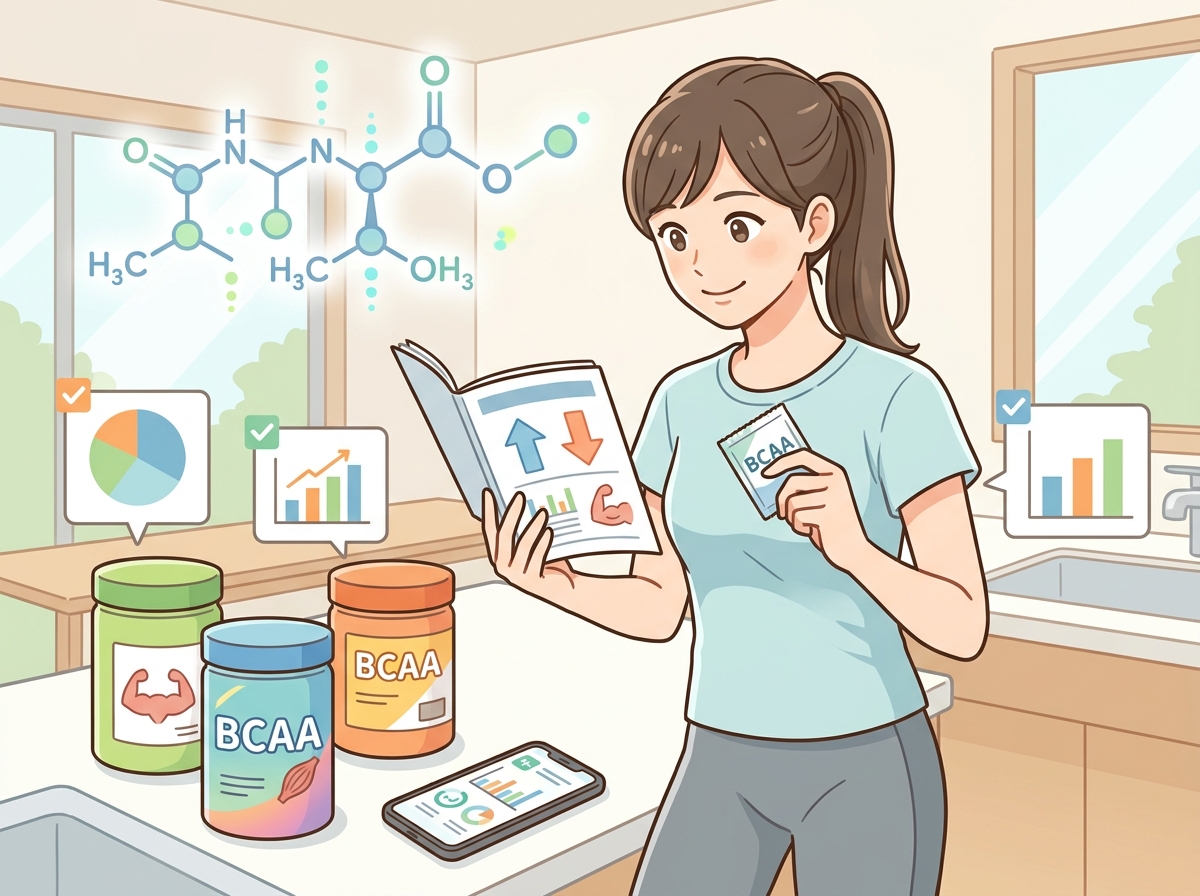 Professional illustration for article section about: 科学的根拠をもとにしたBCAAの選び方. 日本人が理解しやすい自然で親しみやすい画像。写真のよ