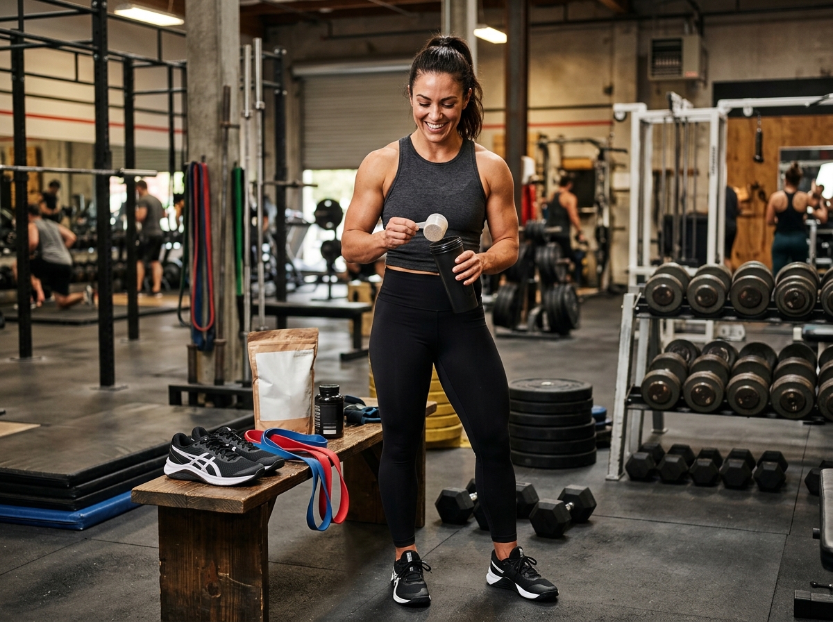 A muscular man or woman in a gym setting, surrounded by various workout equipment such as dumbbells,