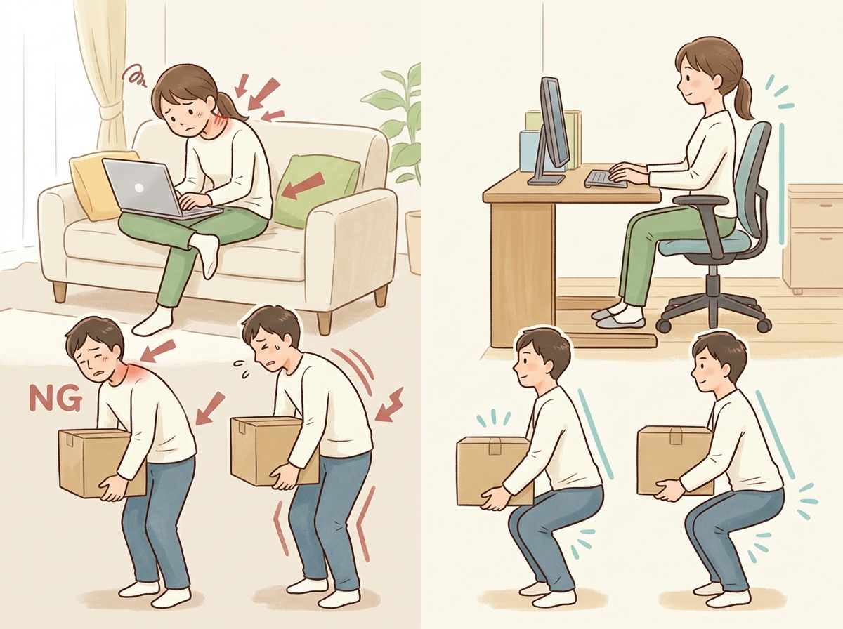 Professional illustration for article section about: 初心者が陥りやすいNGフォームと改善方法. 日本人が理解しやすい自然で親しみやすい画像。写真の