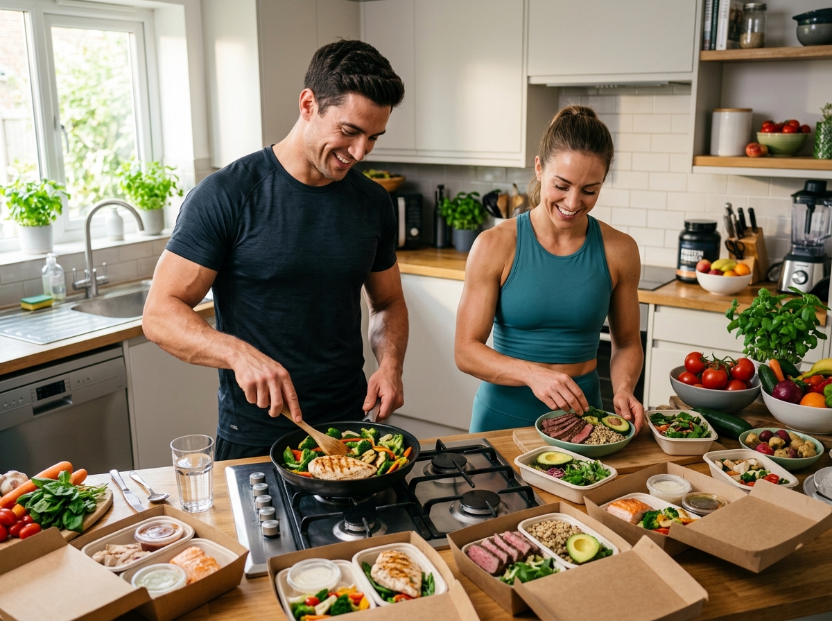 A realistic photo of a strong male and female athlete in a modern kitchen, preparing and enjoying he