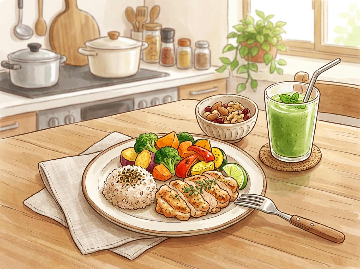 A colorful, inviting illustration of a healthy meal plate showcasing a variety of foods such as gril