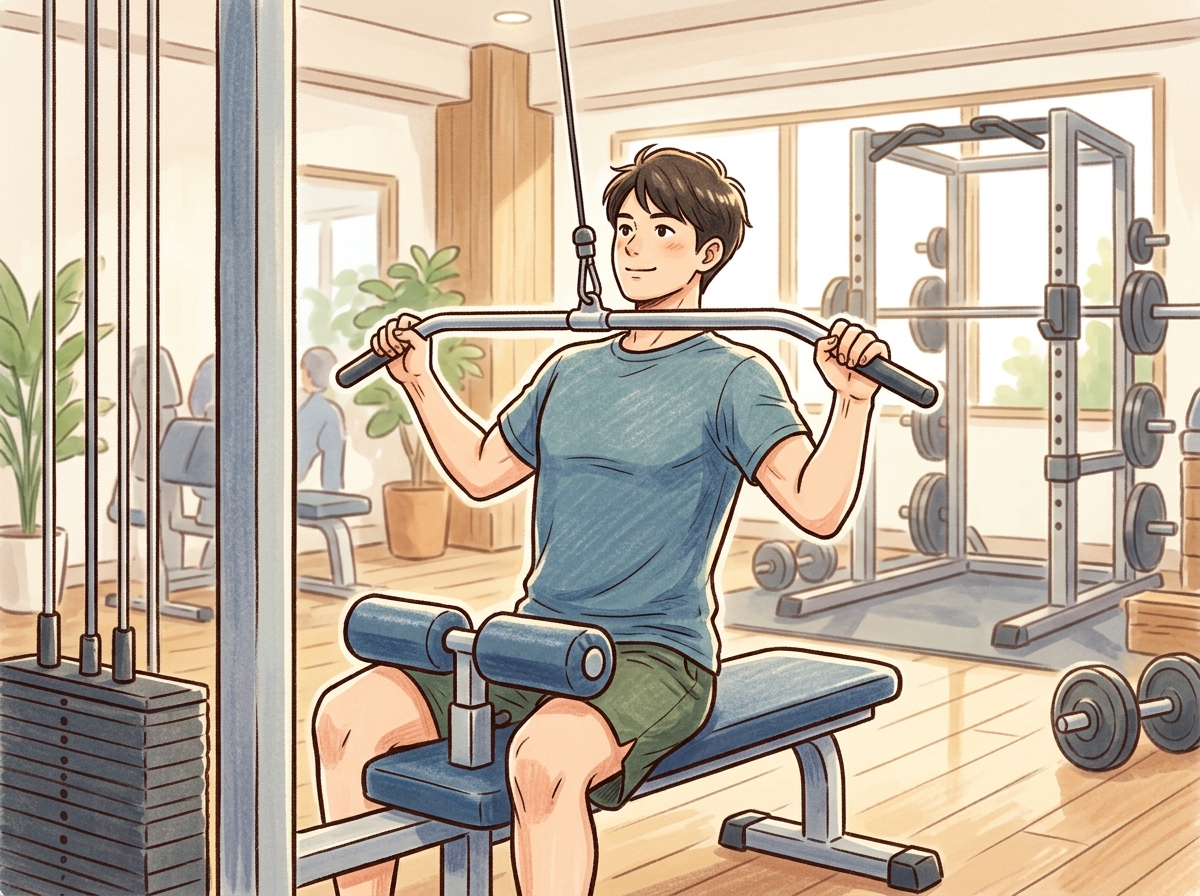 Professional illustration for article section about: ラットプルダウンとは？. 日本人が理解しやすい自然で親しみやすい画像。写真のようなリアルさでは