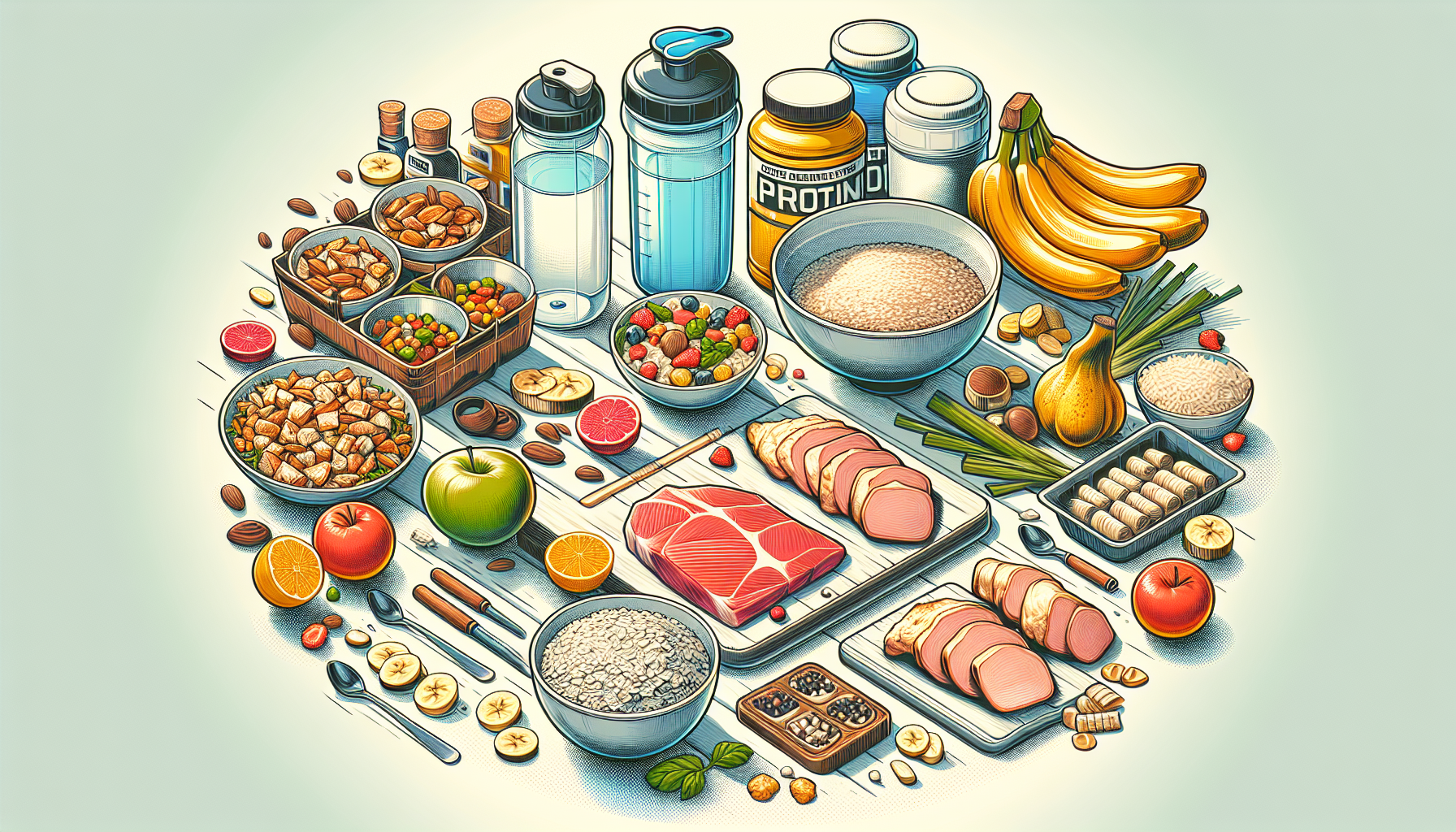 A visually appealing illustration of a well-balanced meal prep scene for muscle training, featuring 