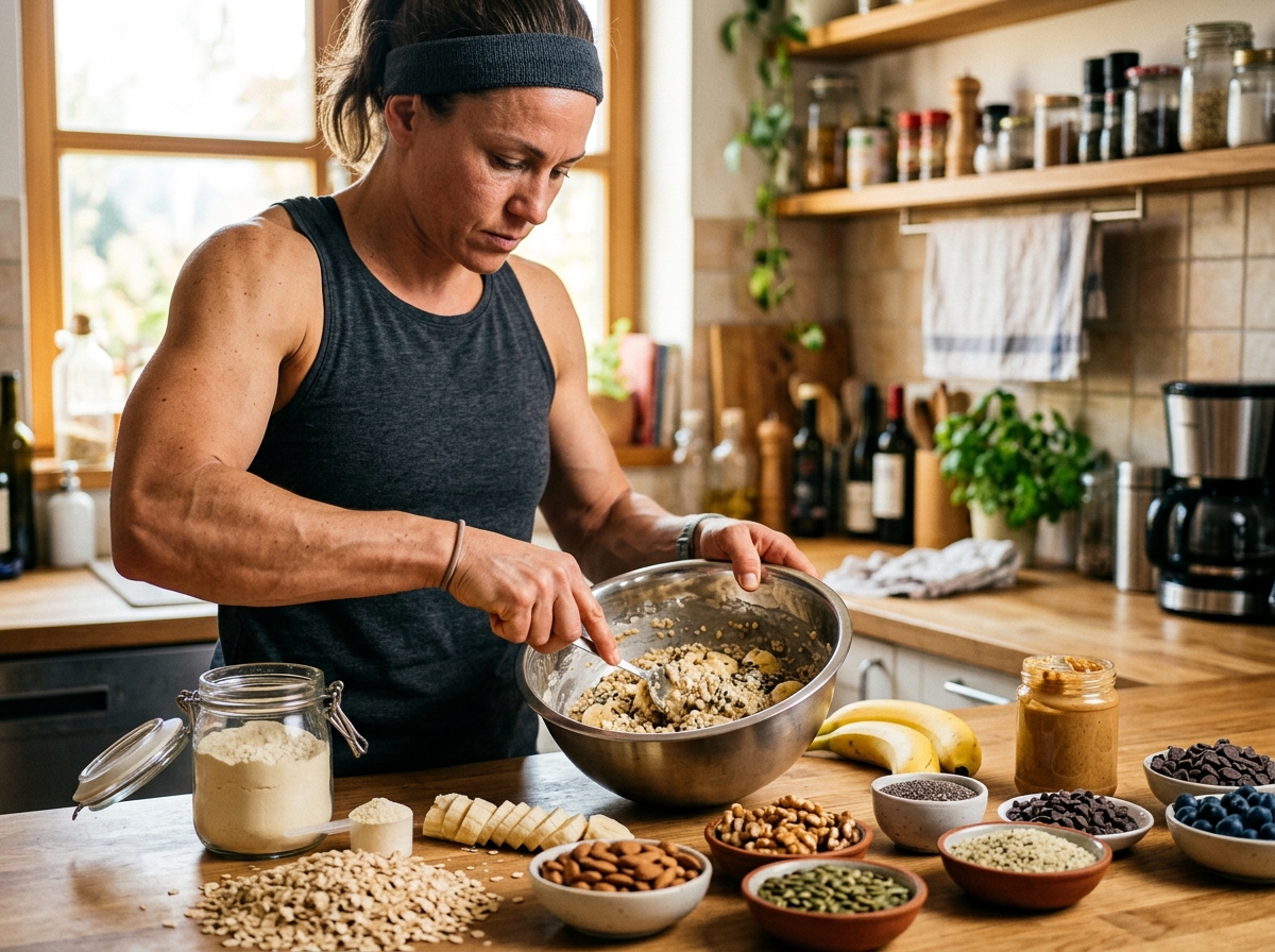A close-up shot of a muscular person preparing a colorful array of homemade high-protein snacks, wit