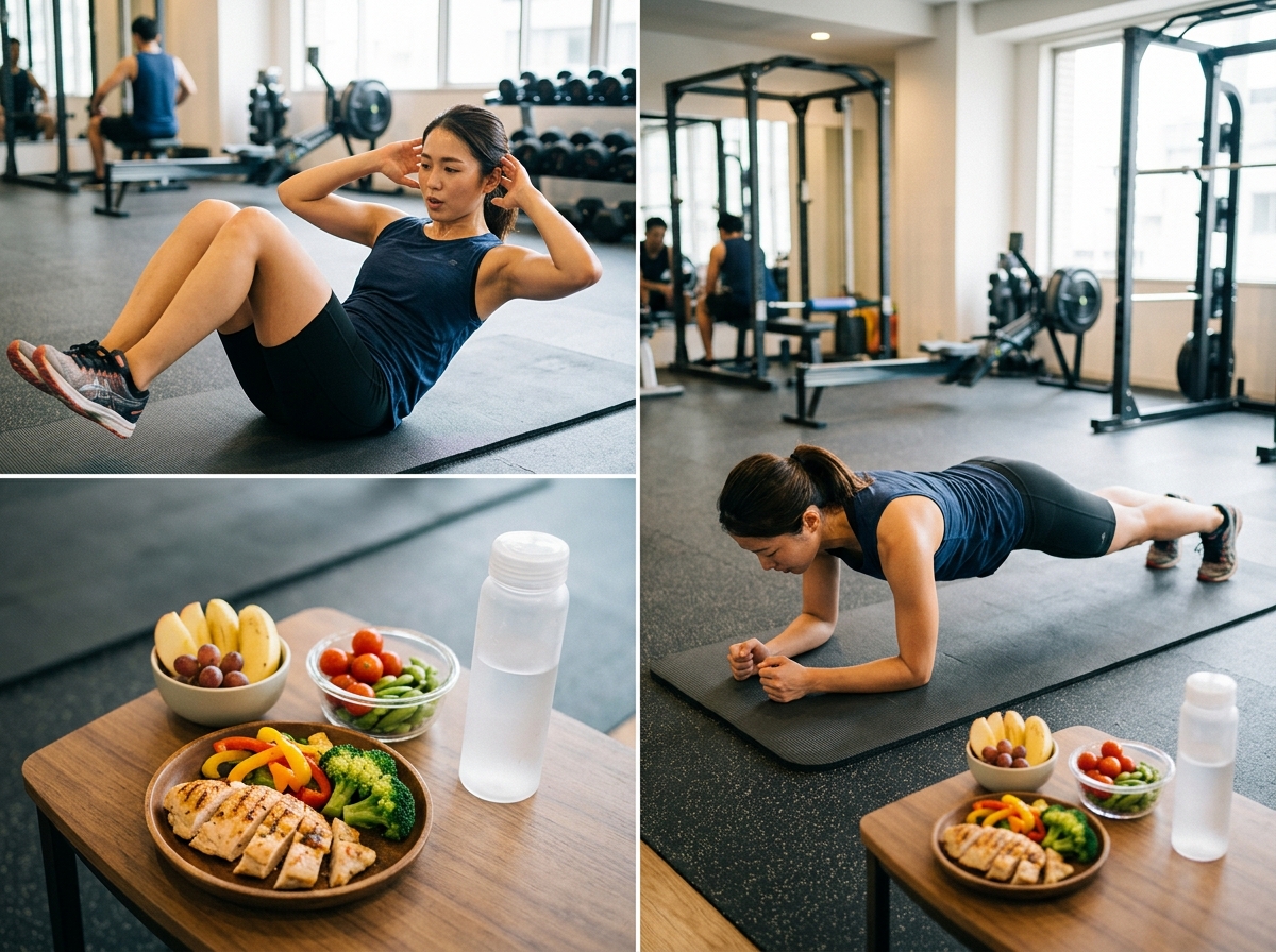 A fit person performing various core exercises like crunches and planks in a well-lit gym, surrounde