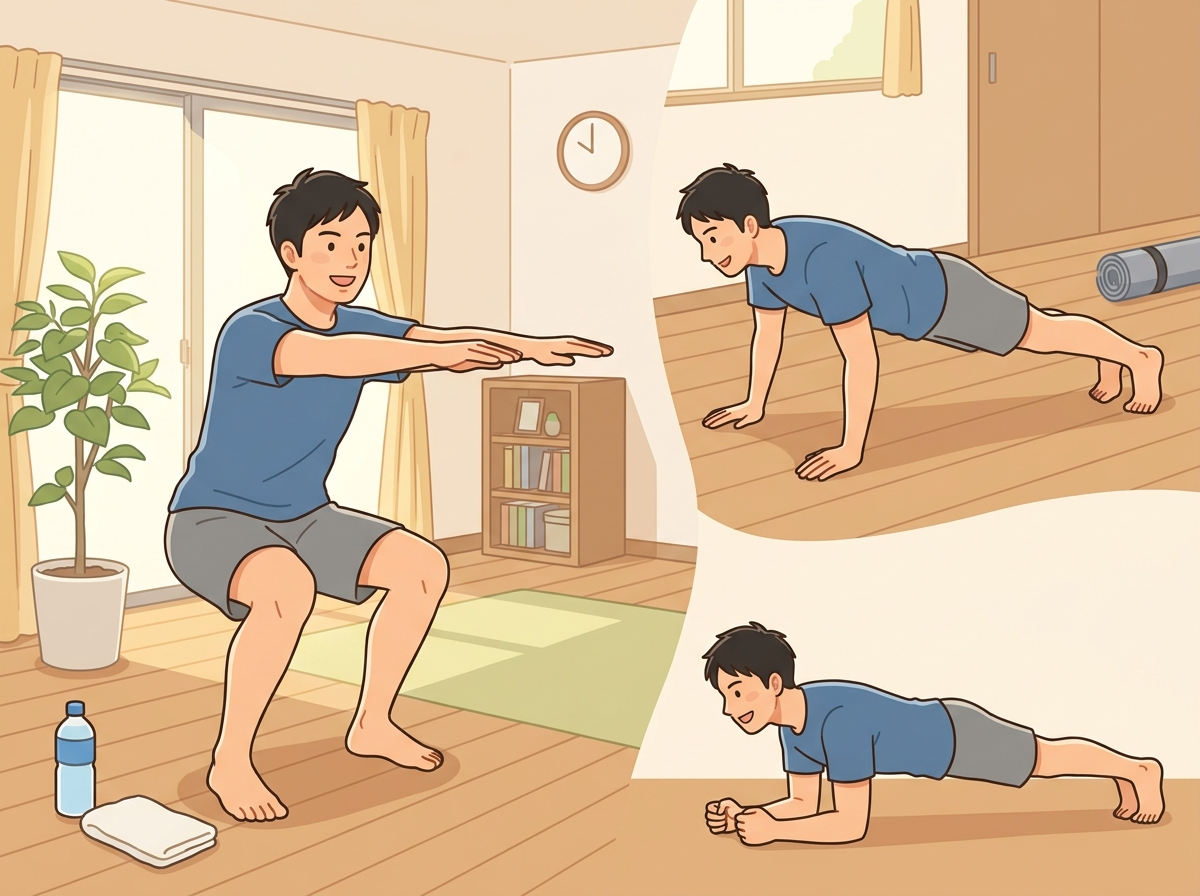Professional illustration for article section about: 自重トレーニングの基本と特性. 日本人が理解しやすい自然で親しみやすい画像。写真のようなリアル