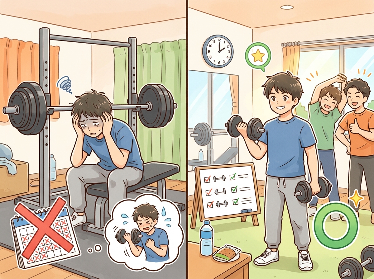 Professional illustration for article section about: 筋トレ初心者が挫折しやすい理由と対策. 日本人が理解しやすい自然で親しみやすい画像。写真のよう