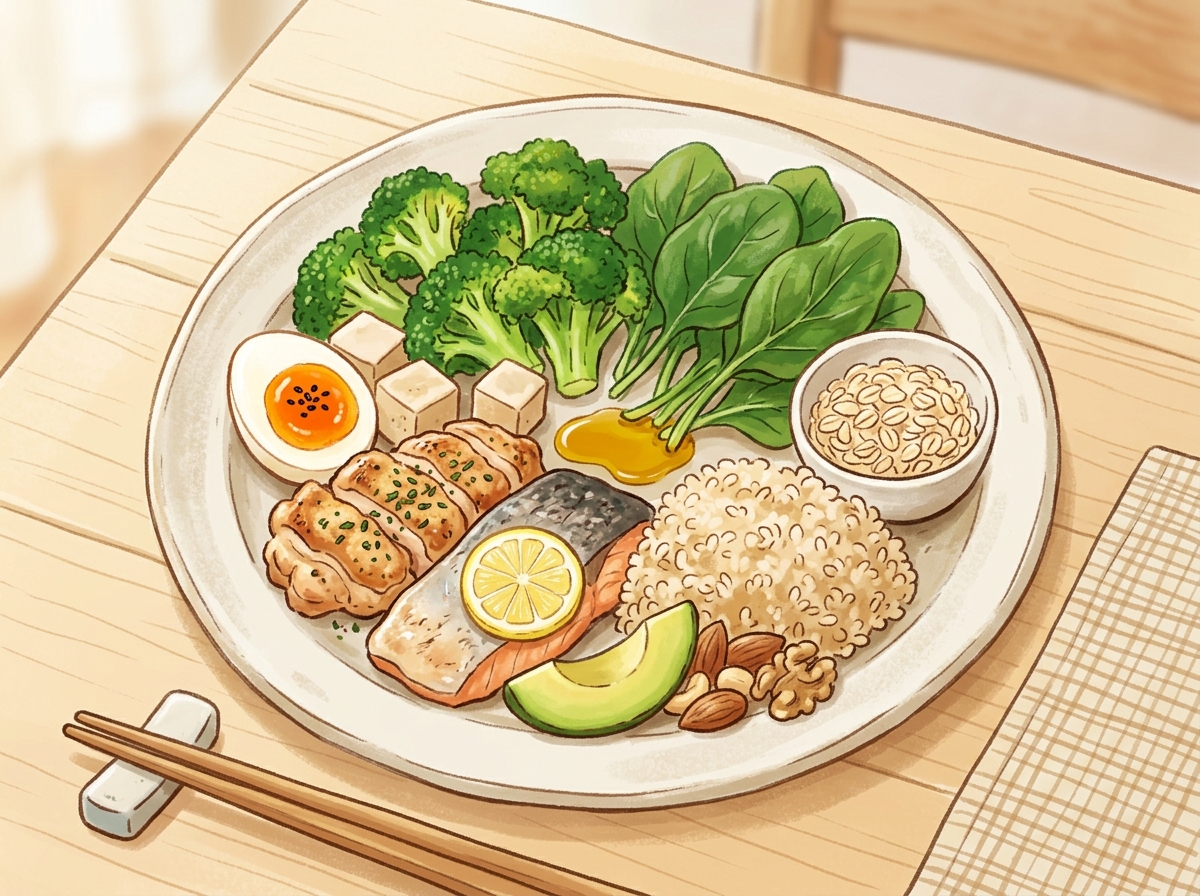 An illustration of a balanced meal plate featuring colorful servings of high-protein foods like chic