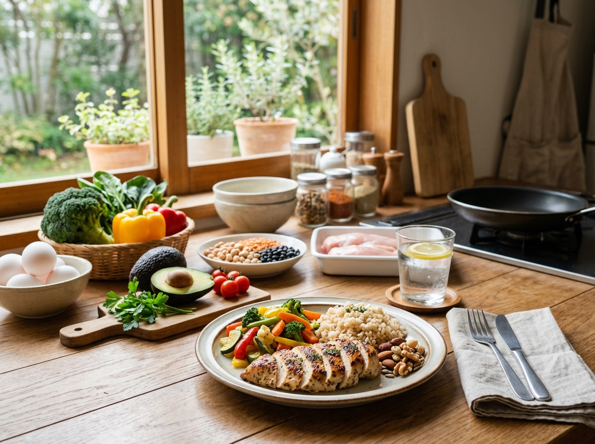 A vibrant kitchen scene showcasing a healthy meal prep for muscle definition. A well-balanced plate 