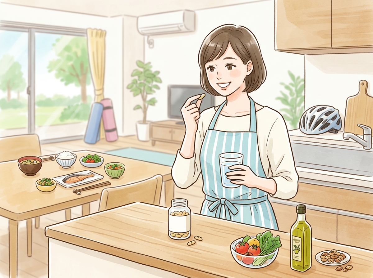 Professional illustration for article section about: 体脂肪を減らすためのサプリメント活用法. 日本人が理解しやすい自然で親しみやすい画像。写真のよ