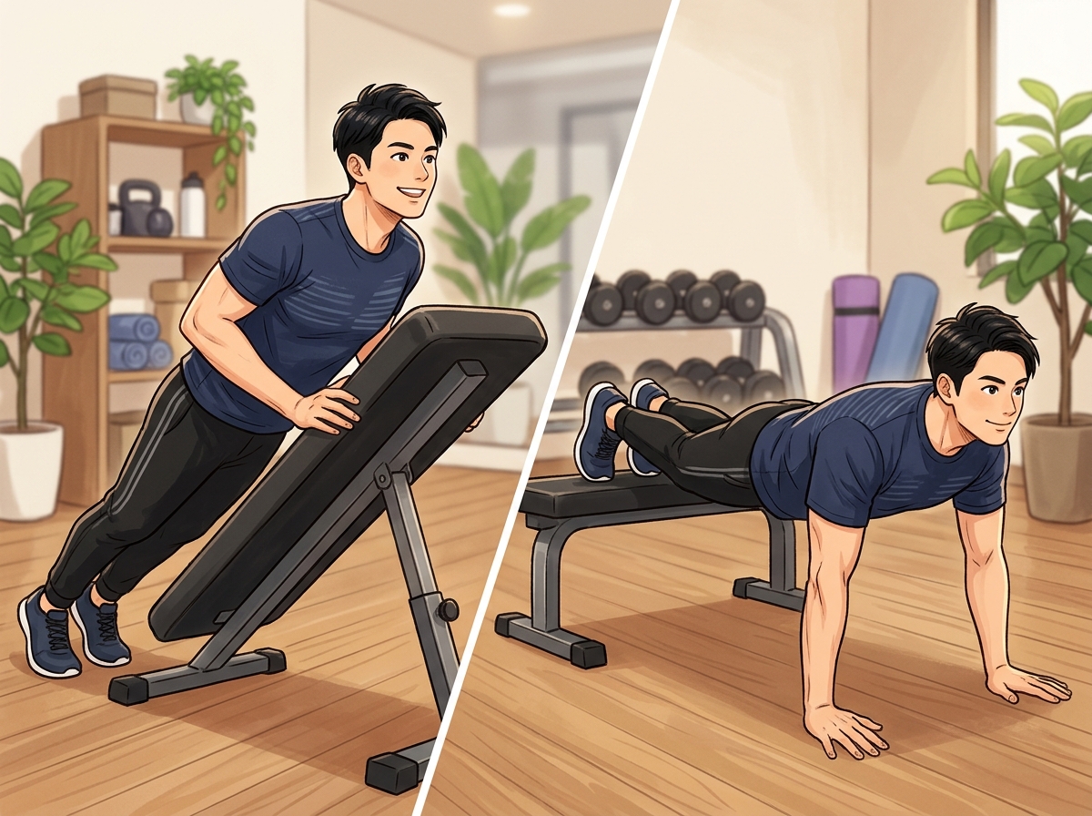 Professional illustration for article section about: インクラインとデクラインプッシュアップの違い. 日本人が理解しやすい自然で親しみやすい画像。写