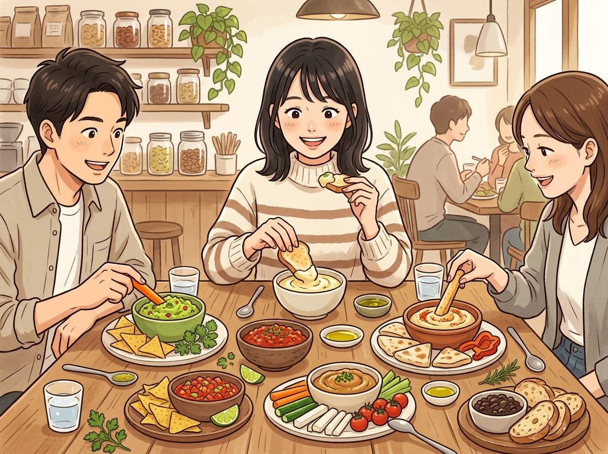 Professional illustration for article section about: 様々なディップスのバリエーションとその効果. 日本人が理解しやすい自然で親しみやすい画像。写真