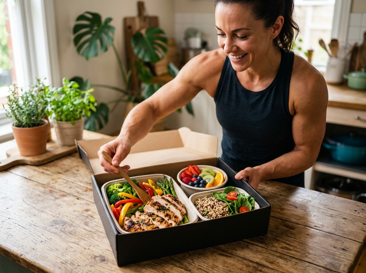 A well-presented high-protein meal delivery box on a wooden table, featuring a variety of colorful d