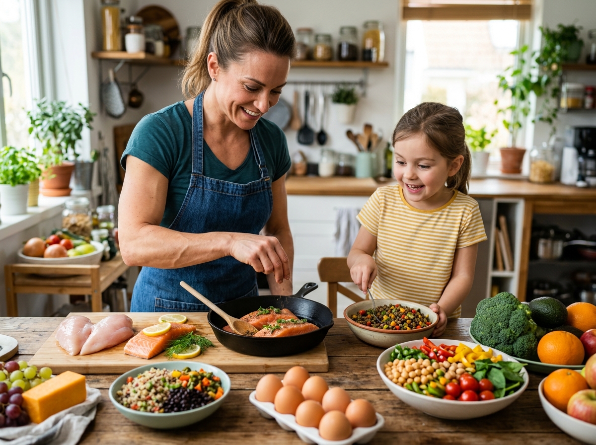 A vibrant kitchen scene featuring a muscular male or female cook skillfully preparing a variety of p