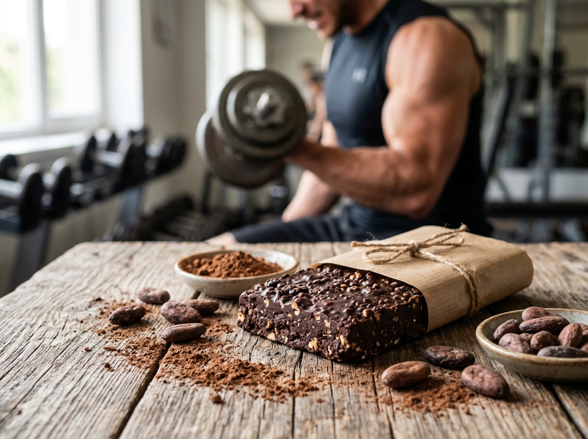 A close-up of a high-protein, gluten-free chocolate bar on a wooden table, surrounded by cocoa beans