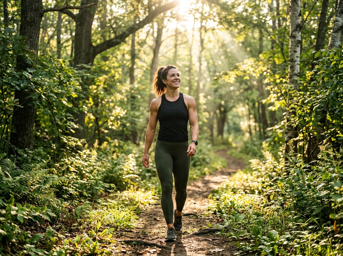 A serene outdoor scene featuring a muscular man or woman enjoying a morning walk under bright sunlig