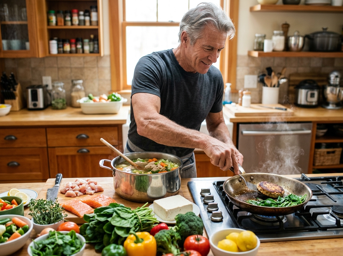 A well-lit kitchen scene featuring a muscular older adult preparing healthy protein-rich meals. The 