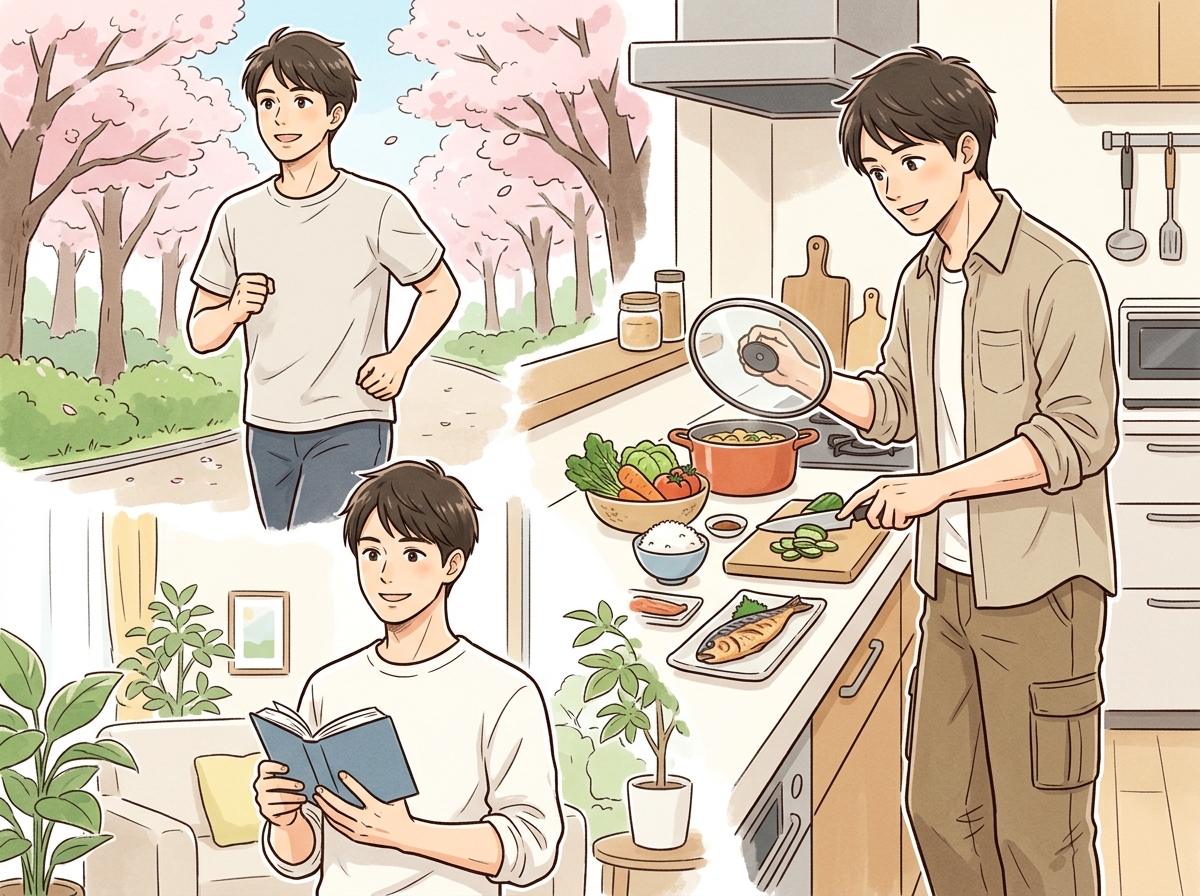 Professional illustration for article section about: 細マッチョのためのライフスタイルと習慣. 日本人が理解しやすい自然で親しみやすい画像。写真のよ