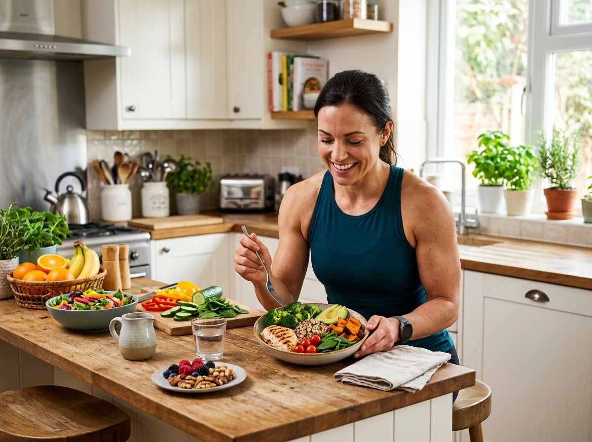 A muscular man or woman enjoying a high-protein meal in a well-lit kitchen, with an array of colorfu