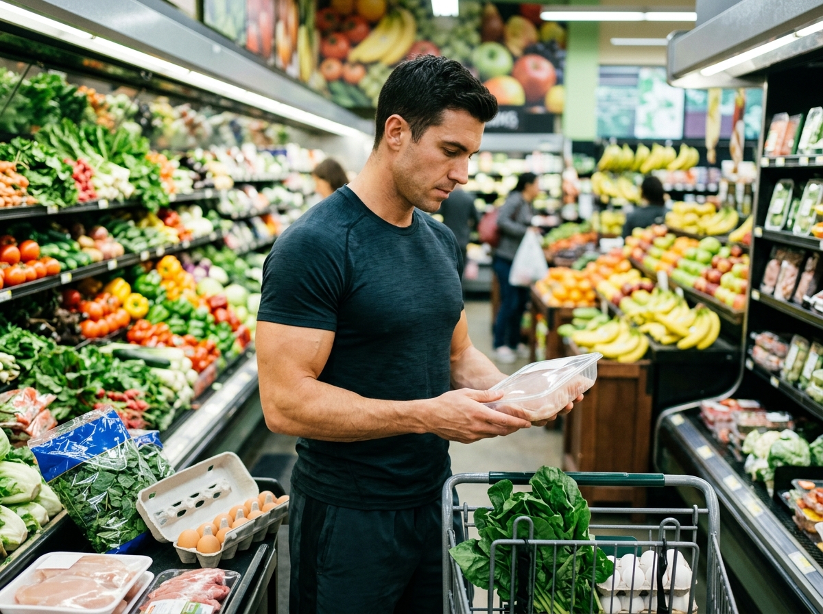A realistic image of a muscular athlete in sportswear shopping for high-protein foods at a grocery s